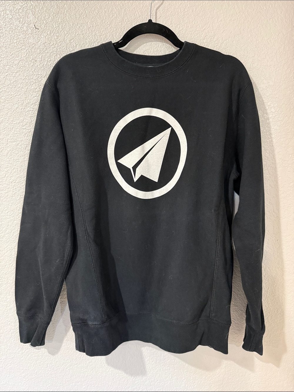 Men's Black Crewneck Sweatshirt with White Paper Plane Graphic (Black Project)